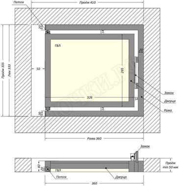 Люк под плитку Шагма для плитки 400*300 (требуемый размер проема 410*335, размер люка 360*333) Люк под плитку Шагма для плитки 400*300 (требуемый размер проема 410*335, размер люка 360*333)